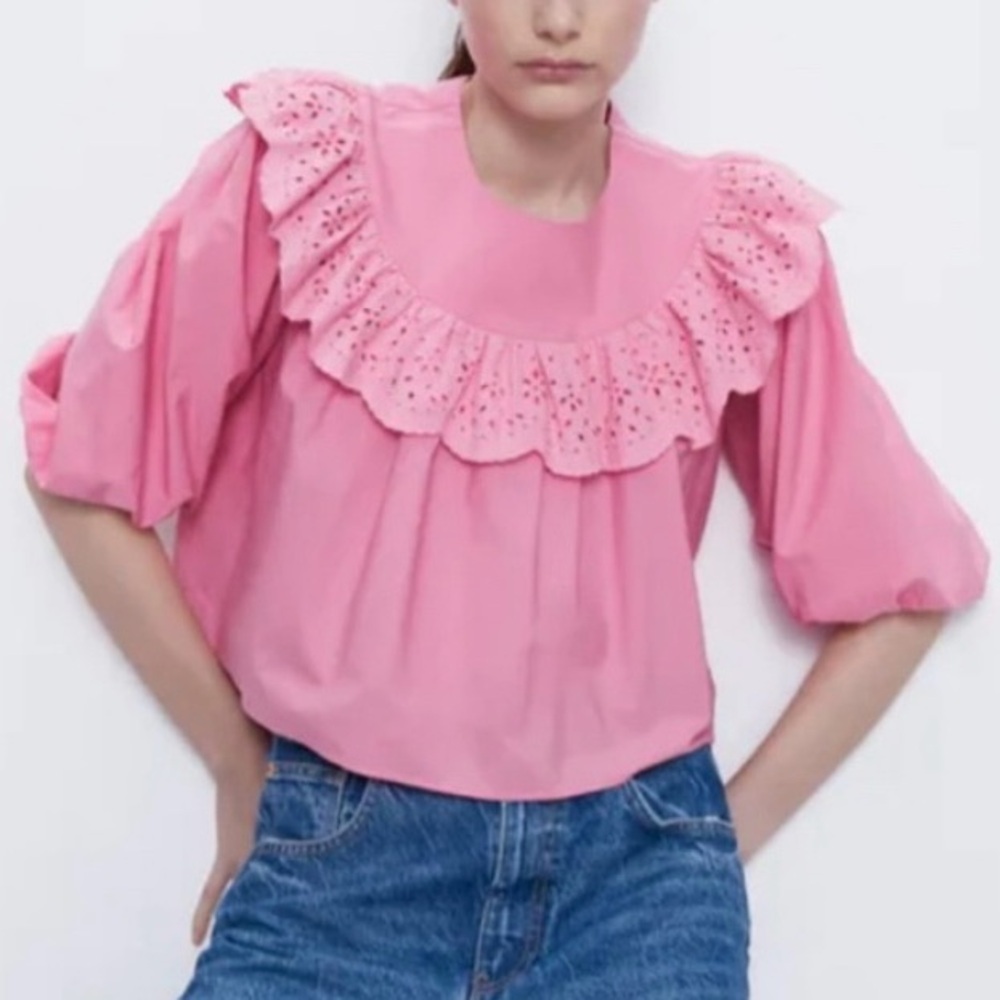 ZARA Eyelet Frilled Poplin Blouse Top Pink XSMALL Balloon Sleeve Women’s NEW - Picture 7 of 16